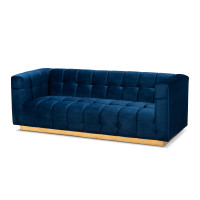 Baxton Studio TSF-5506-Navy/Gold-SF Loreto Glam and Luxe Navy Blue Velvet Fabric Upholstered Brushed Gold Finished Sofa